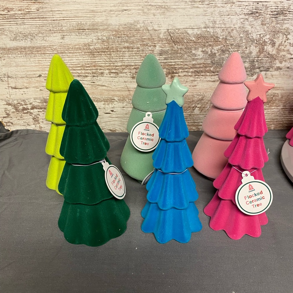 NWT Target Bullseye Playground 2024 Colorful Flocked Christmas Trees Set of 6